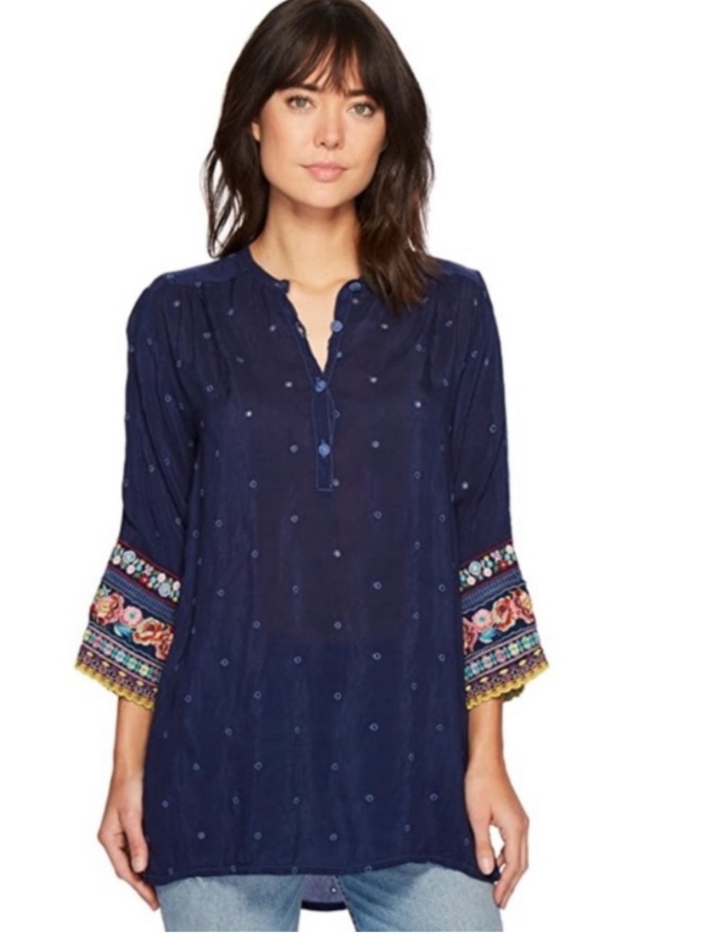 Johnny Was Navy Embroidered Cuff Tunic